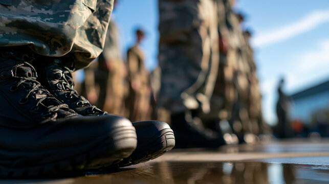 rows of soldiers in camouflage uniform and black combat boots standing in formation on a bright wet pavement parade ground, rear view with faces out of frame, clean daylight sky