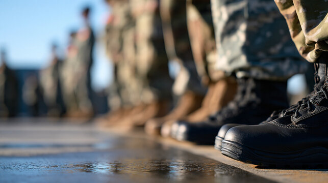 rows of soldiers in camouflage uniform and black combat boots standing in formation on a bright wet pavement parade ground, rear view with faces out of frame, clean daylight sky