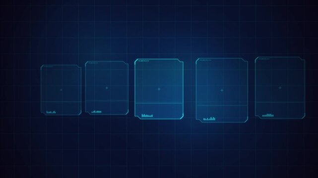Digital interface with glowing blue rectangles on a dark grid background, futuristic technology and data visualization