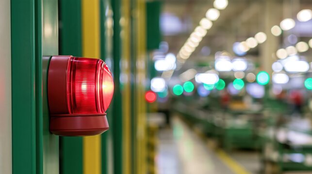 A bright red warning signal light mounted on a green and yellow industrial factory wall structure