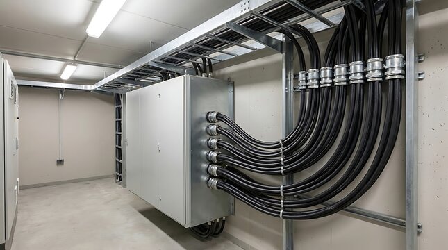 Streamlined electrical infrastructure featuring a robust distribution cabinet and meticulously organized high-capacity power cables for industrial or data center operations