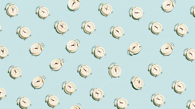 Repeating pattern of cream colored vintage alarm clocks arranged on a soft light blue background