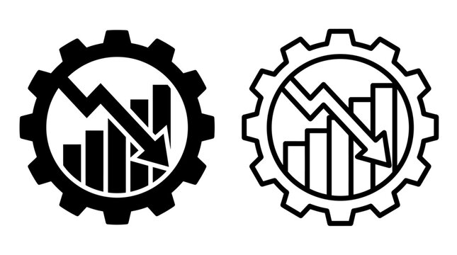 Business risk and financial crisis vector icon set with declining charts and gear symbols