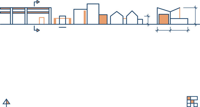 Minimalist architectural outlines of a city skyline featuring blueprint style buildings with orange accents and technical drawing elements ideal for