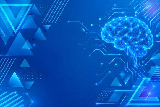 Abstract futuristic technology background in blue, featuring glowing connected triangles, lines, dots, and a stylized neural network brain on the right.