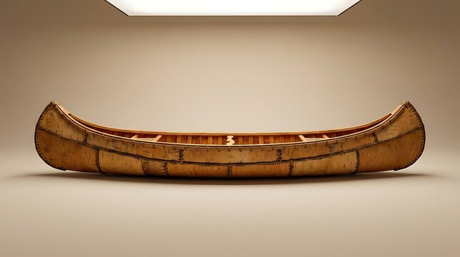 A traditional handmade birch bark canoe displayed in a studio setting highlighting indigenous watercraft history
