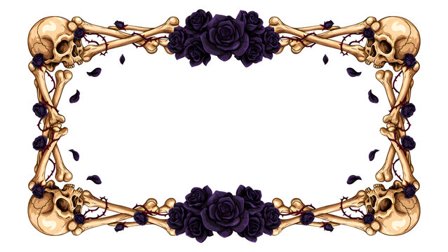 Dark floral skull bone frame border featuring purple roses for halloween invitation card print graphic design