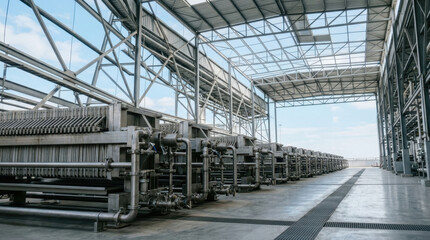 Obraz premium Industrial filter press machinery inside modern factory warehouse