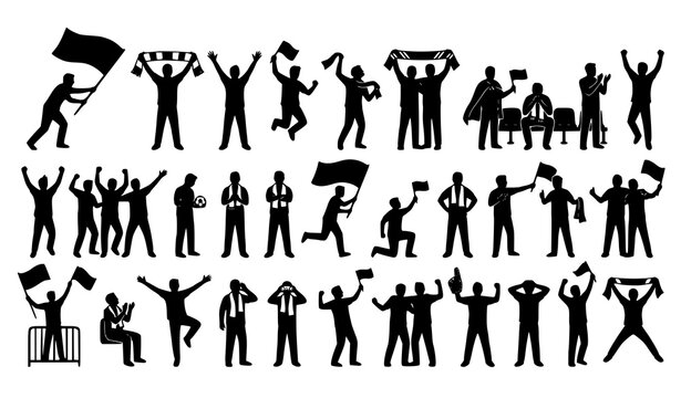 Football fan silhouettes set with cheering soccer supporters flags and scarves vector illustration
