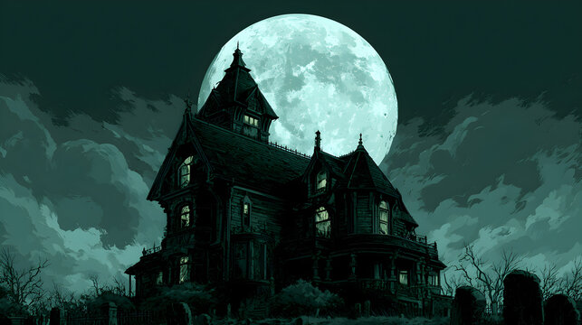 Halloween wallpaper, full moon behind dark storm clouds in an abandoned mansion, quietly unsettling mood, eerie green and black palette, comic book horror style, crisp sharp focus