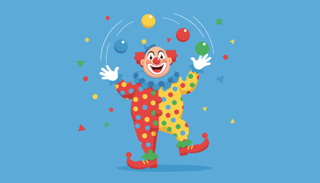 Joyful circus clown wearing a colorful polka dot costume while juggling bright balls against a blue background.