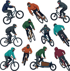 Fototapeta premium Urban Cyclists Vector Character Set Featuring Commuters Riding Cargo Bikes, BMX, Mountain Bikes, and Fixed Gear Bicycles for Active Lifestyle Graphic Designs
