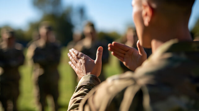 confident trainer instructing group of soldiers in camouflage uniform on sunlit outdoor training field, view from behind cropping faces from frame, hands gesturing toward