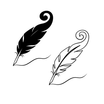 Feather Quill Pen Silhouette and Line Art Set White Background 