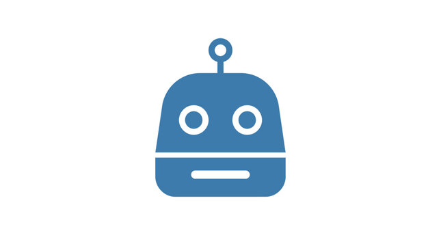 Simple Blue Flat Vector Icon Featuring a Friendly Minimalist Robot Head Design for Modern Digital User Interface and Artificial Intelligence Technology