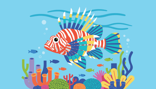 Beautiful striped lionfish swimming deep in the ocean among colorful coral reefs and exotic underwater plants.
