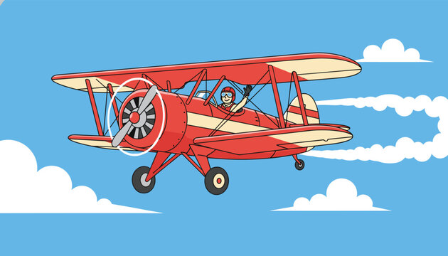 Classic vintage red biplane flying high in the blue sky above the clouds with a friendly smiling pilot waving.