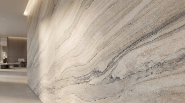 Luxury travertine marble wall in modern interior, elegant stone texture with natural beige veins, premium architectural background for high-end design