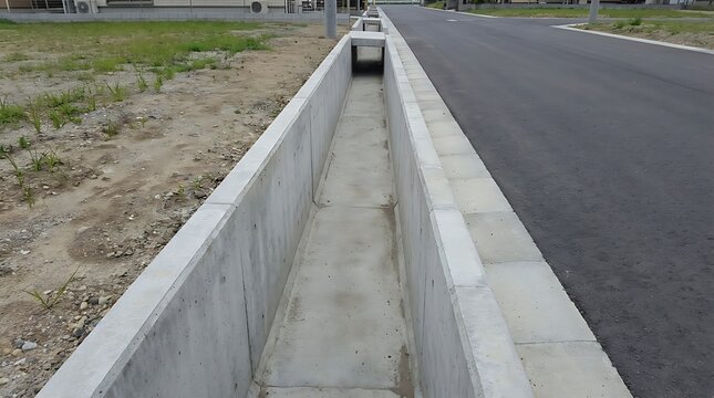 A long concrete drainage ditch running parallel to a newly paved asphalt road, separating it from an undeveloped grassy area in a suburban setting, showcasing essential water management infrastructure