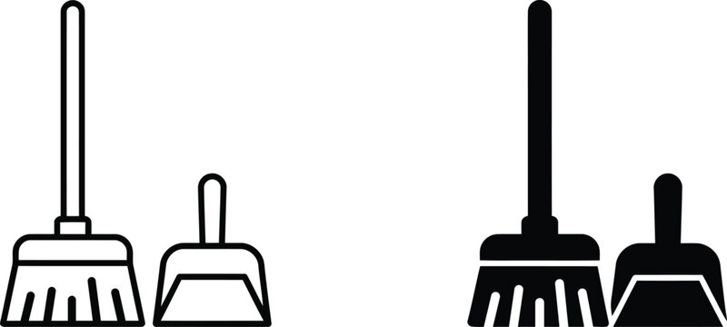 Broom and dustpan cleaning icons in outline and solid black styles with cleaning housekeeping sweeping janitorial equipment household