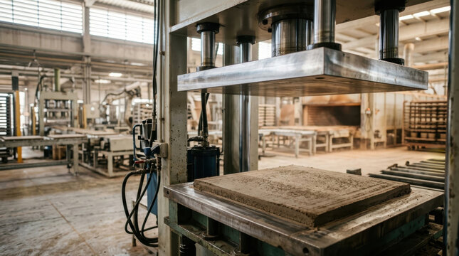 Industrial hydraulic press machine shaping tile in a modern factory
