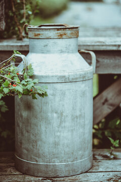 Close-up of a vintage rustic galvanized metal milk churn on weathered wooden steps on a summer day, Sweden