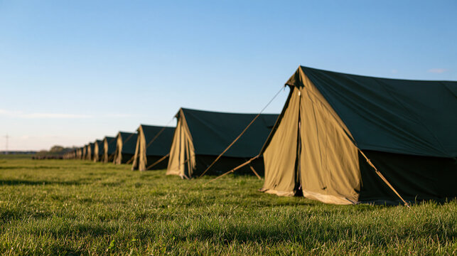 row of olive green military tents lined across a wide green field under a bright open sky, army camp during outdoor field exercise, clean daylight, tent camp, wilderness training