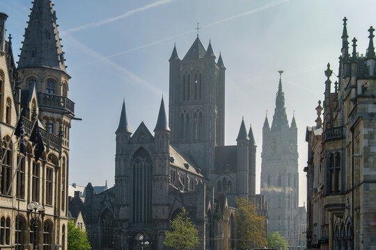 St Nicholas Church (Sint-Niklaaskerk) and Belfry Tower in the old town, Ghent, Belgium