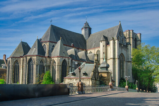 Saint Michael's Church viewed from Saint Michael's Bridge in the old town, Ghent, East Flanders, Belgium