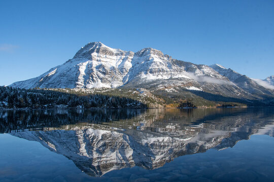 Vimy Peak reflected in Middle Waterton Lake, Waterton Lakes National Park, Alberta, Canada