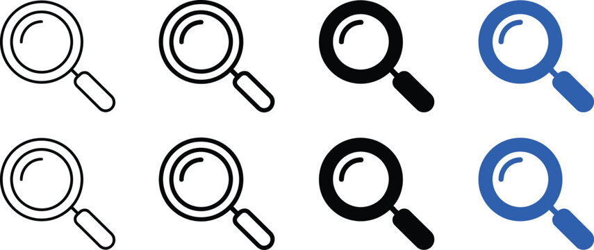 Collection of magnifying glass search icons in outline and solid styles with search icon zoom tool web search research icon interface icon