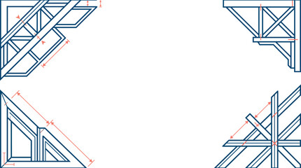 Set of architectural wooden truss details presented as technical blueprint drawings with dimensions ideal for construction and engineering projects © Munaza