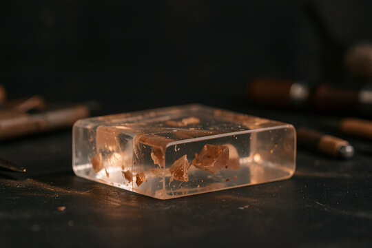 Translucent resin desk blotter on dark artisan workshop surface in afternoon light