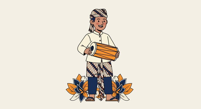 Javanese man playing traditional kendang drum illustration.