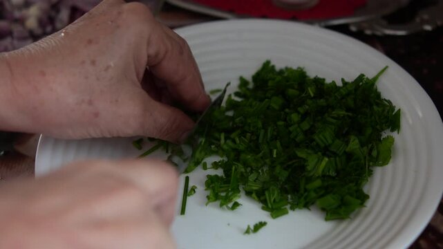 M&atilde;os preparando comida caseira em cozinha simples, cortando legumes, ervas, cebola e alho