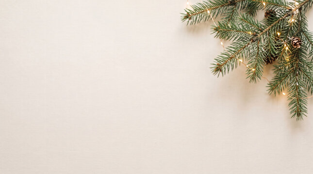 Christmas tree branch with glowing lights and pine cones on a light beige textured background with empty copy space for holiday greeting text