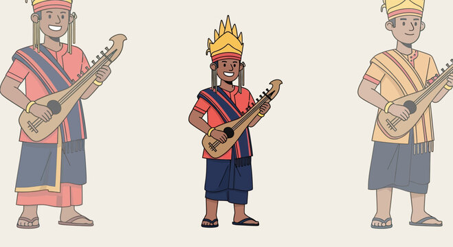 Three men in traditional costumes playing musical instruments.