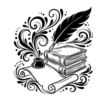 Vintage Feather Quill Pen, Inkwell, and Stack of Old Books with Elegant Floral Flourishes Line Art Illustration 