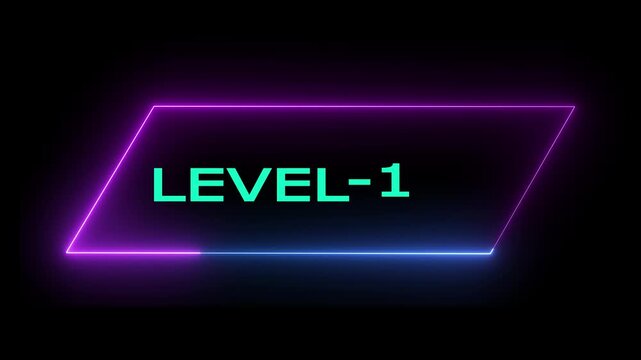 Glowing neon Level- 1  text animation on black background. Game concept next level. Level Up text in the neon frame . Neon level up text animation .4k animation video.
