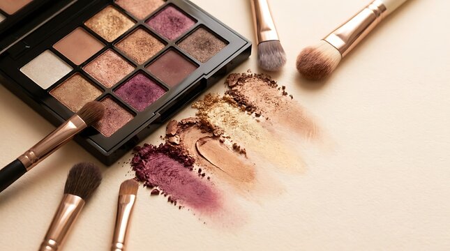 Eyeshadow makeup palette with cosmetic brushes and colorful powder swatches for beauty and style look