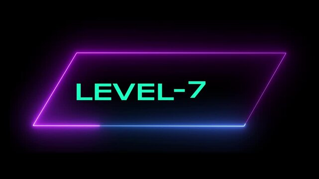 Glowing neon Level-    7 text animation on black background. Game concept next level. Level Up text in the neon frame . Neon level up text animation .4k animation video.
