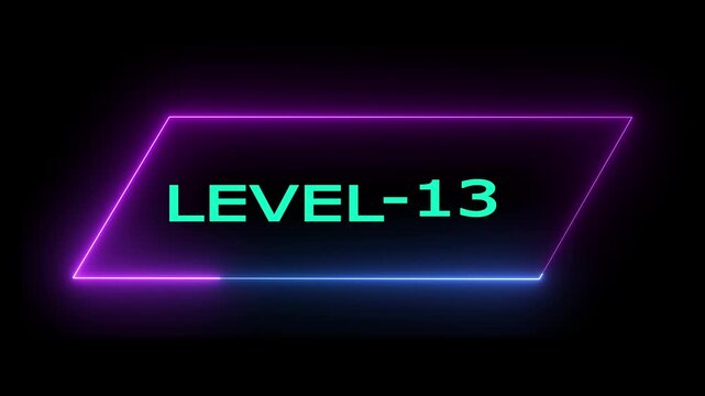 Glowing neon Level- 13 text animation on black background. Game concept next level. Level Up text in the neon frame . Neon level up text animation .4k animation video.