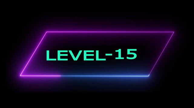 Glowing neon Level-   15  text animation on black background. Game concept next level. Level Up text in the neon frame . Neon level up text animation .4k animation video.