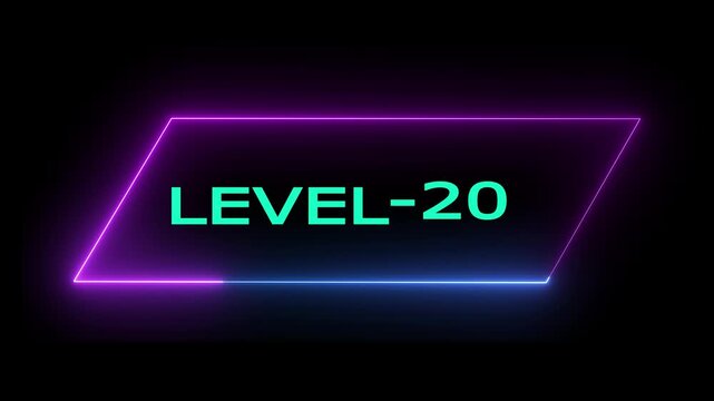 Glowing neon Level-  20  text animation on black background. Game concept next level. Level Up text in the neon frame . Neon level up text animation .4k animation video.