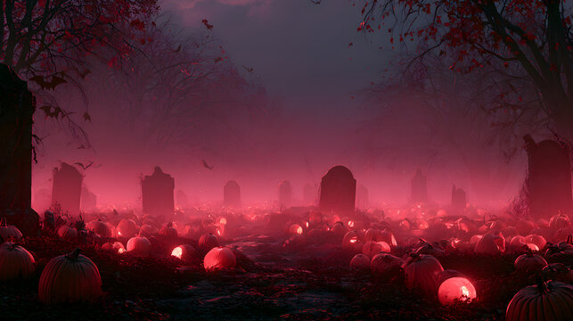 Halloween wallpaper, graveyard with old tombstones in fog in a spooky pumpkin patch, sinister twilight atmosphere, deep red and black tones, high-detail fantasy art style, wide cinematic composition