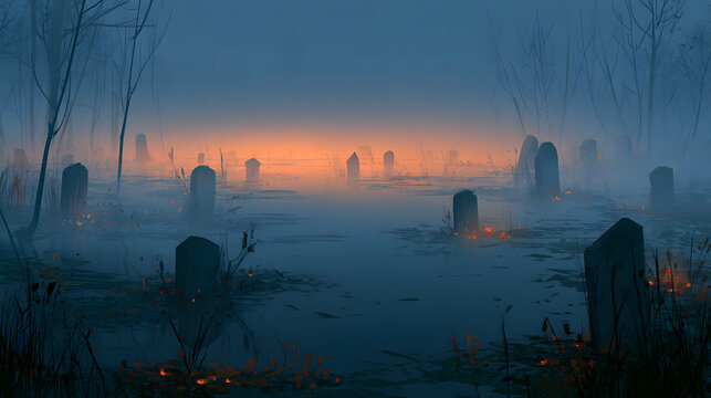 Halloween wallpaper, graveyard with old tombstones in fog in a dense fog-covered swamp, quietly unsettling mood, moody dark blue and orange palette, hand-drawn spooky storybook style, high resolution