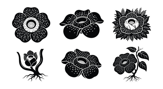 Rafflesia arnoldii flower silhouettes black and white vector illustrations