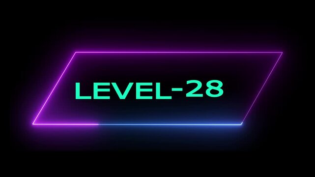 Glowing neon Level-   28  text animation on black background. Game concept next level. Level Up text in the neon frame . Neon level up text animation .4k animation video.