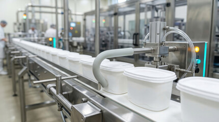 Fototapeta premium Automated plastic packaging production line in modern food factory