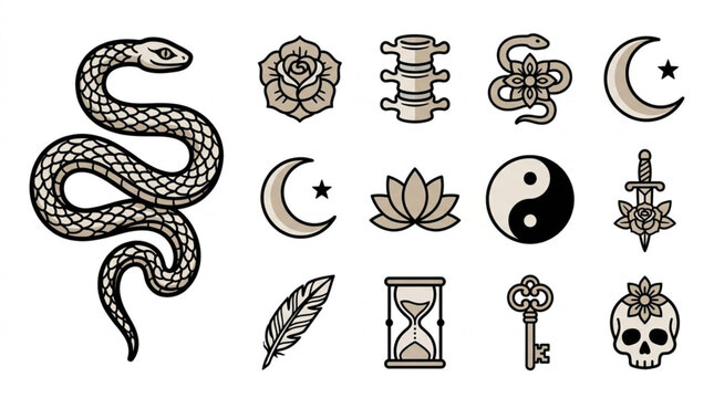 Mystical Symbols Collection Including Snake And Yin Yang.